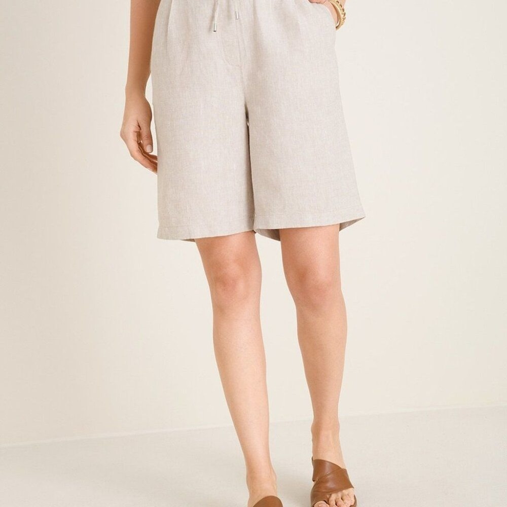 Chico's Shorts Womens Size 2/12 Beige Linen Drawstring Bermuda EUC